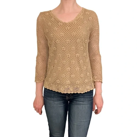 Croft & Barrow Tan Long Sleeve Lace Crochet Mesh Long Sleeve Brown floral Blouse - Picture 2 of 7
